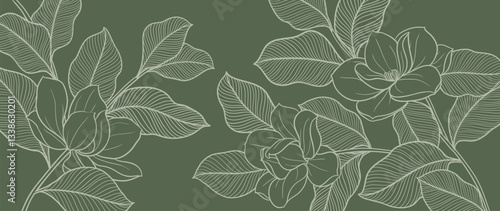 Botanical line art background vector. Natural botanical elegant with line art on green background. Design illustration for decoration, wall decor, wallpaper, cover, banner, card.