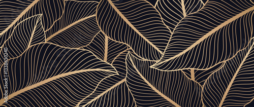 Luxury botanical line art background vector. Natural botanical elegant with gold line art on dark background. Design illustration for decoration, wall decor, wallpaper, cover, banner.