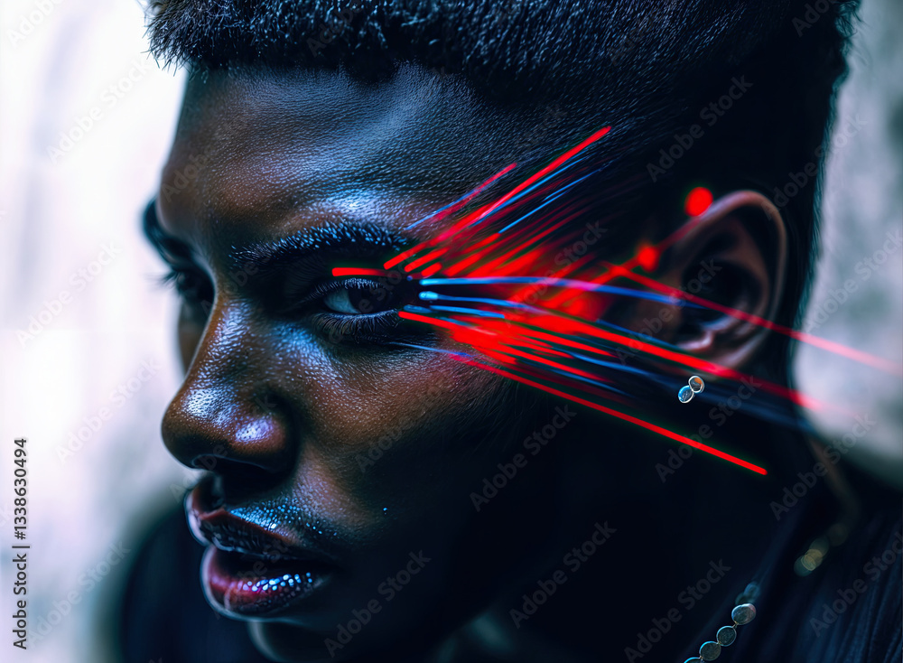 Close-up portrait of a black man with vibrant red and blue light streaks across his face.