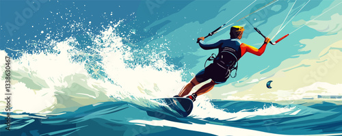 Kite surfer riding waves on a sunny day: adventure, ocean, sport, summer, water, sky.
