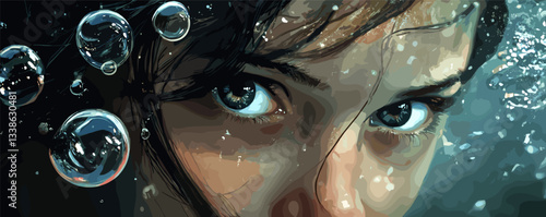Intense gaze of a woman submerged underwater surrounded by bubbles.