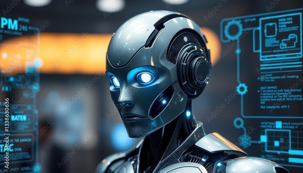 Futuristic AI Robot Sleek Design, Glowing Eyes, Holographic Data Futuristic AI Robot Sleek Design, Glowing Eyes, Holographic Data