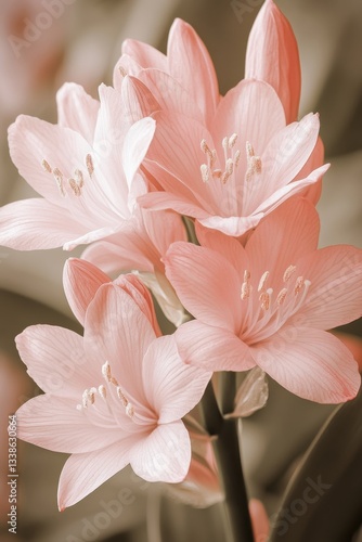 Captivating Amaryllis Bloom in Soft Light A Floral Symphony of Delicate Pink Petals and Elegant Stamen Displaying Nature's Intricate Beauty and Serene Charm