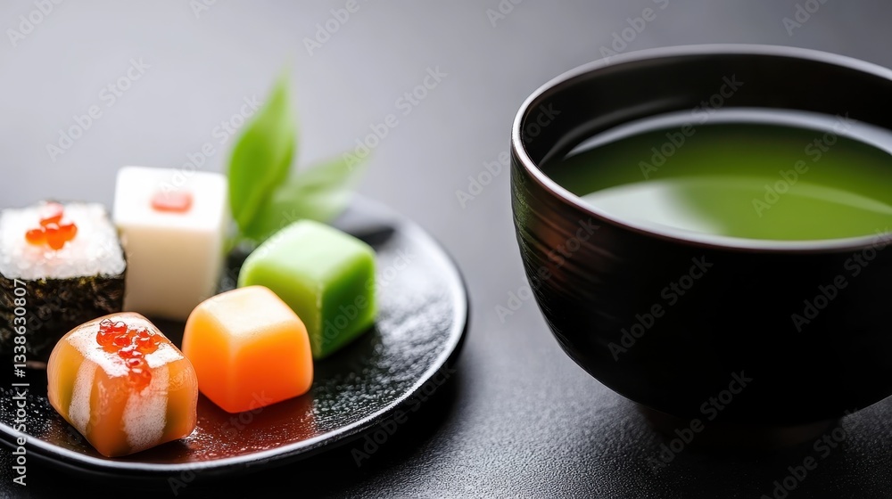 An elegant arrangement of assorted sushi paired with matcha tea, showcasing colorful bites that blend tradition with modern aesthetics in culinary presentation. An elegant arrangement of assorted sushi paired with matcha tea, showcasing colorful bites that blend tradition with modern aesthetics in culinary presentation.