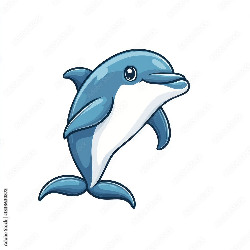 Fototapeta premium Cute cartoon dolphin leaping, playful, simple, background white