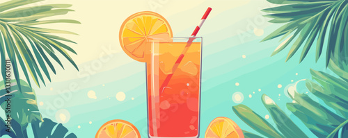 Refreshing tropical iced drink with orange slices under palm leaves in sunny beach setting.