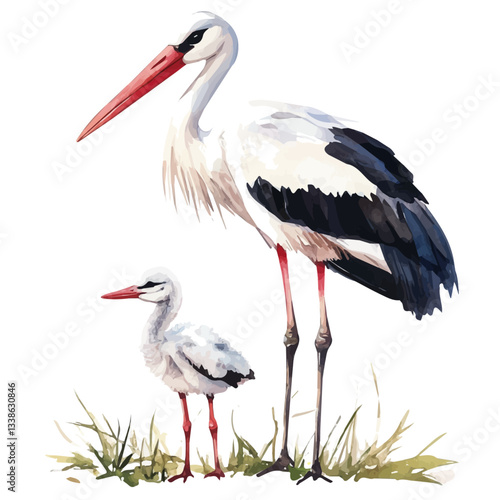 A watercolor vector painting of a mother stork with her kid, isolated on a white background. Stork vector.

