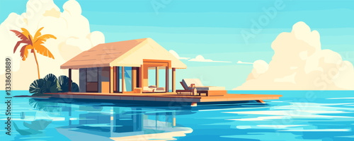 Tranquil floating bungalow on tropical sea with palm tree and clear sky.