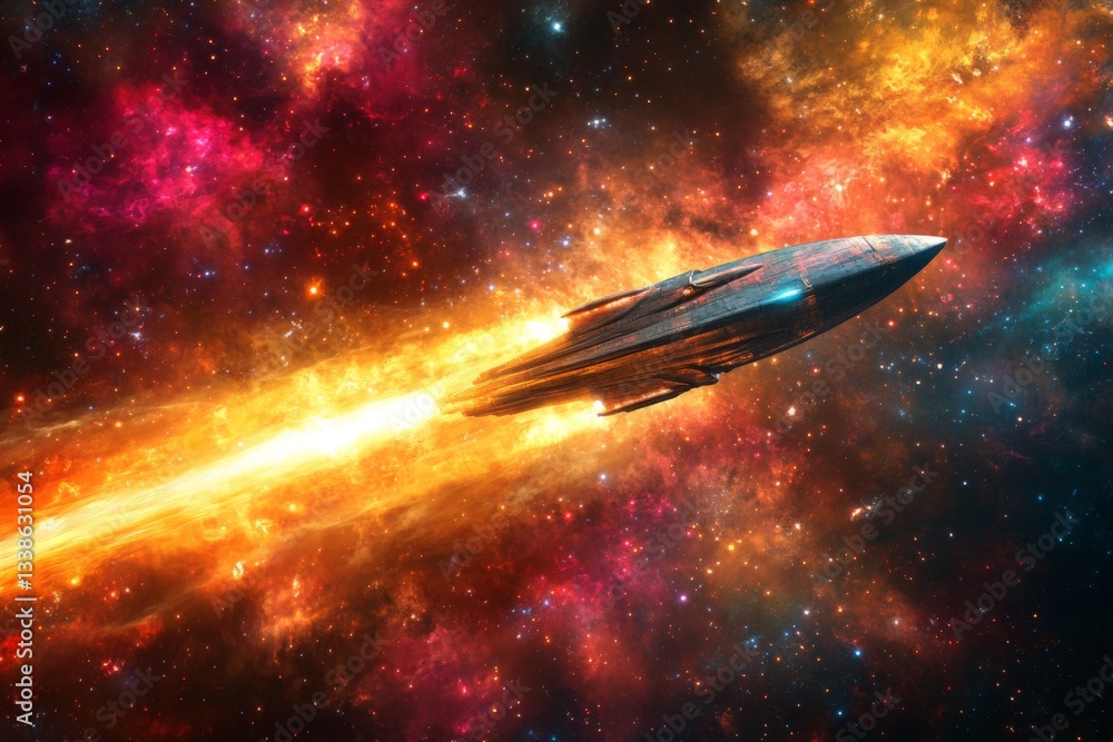 Spaceship travels through vibrant cosmic nebula with brilliant colors and motion Spaceship travels through vibrant cosmic nebula with brilliant colors and motion