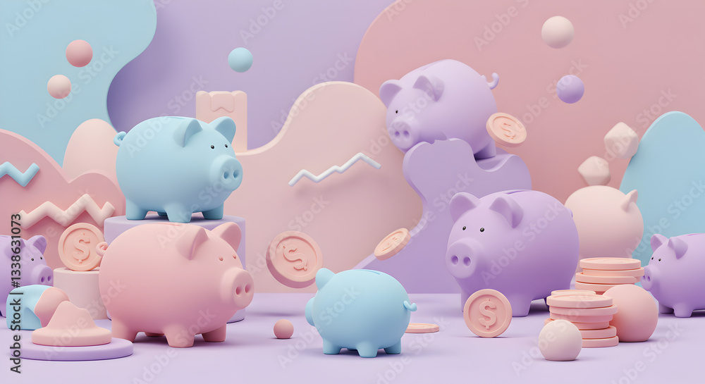 Cute Piggy Banks Savings Goals 3D Illustration Cute Piggy Banks Savings Goals 3D Illustration