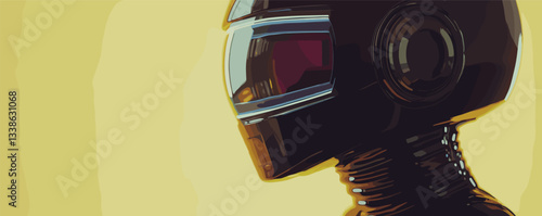 Futuristic helmeted figure in profile against yellow background.