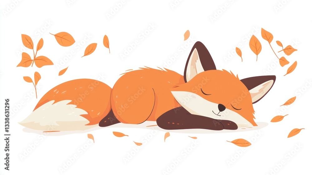 Obraz premium Cute fox sleeping amidst autumn leaves. Stock photo