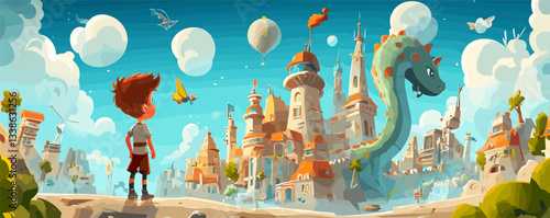 Young boy gazes at fantasy castle with dragon and hot air balloons in whimsical sky.