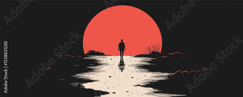 Silhouette of man walking at dusk with red sun on horizon.