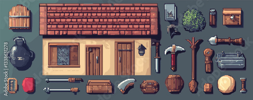 Pixel art medieval house and tools set with roof, weapons, and accessories on green background.