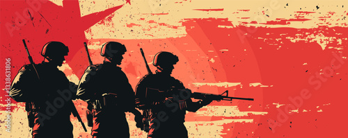Three soldiers silhouetted against red grunge background with star.