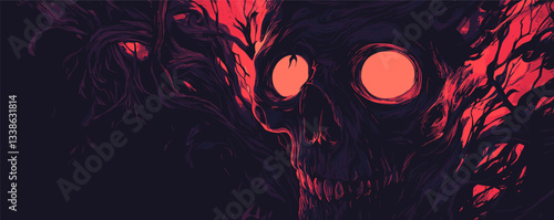 Creepy skull with glowing eyes surrounded by dark roots in eerie red light.