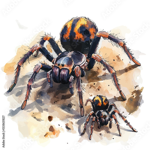 A watercolor vector painting of a mother tarantula with her kid, isolated on a white background. Tarantula vector.

