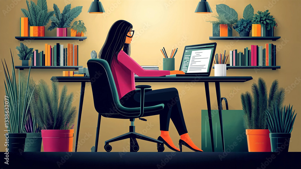 A woman engrossed in work, surrounded by plants and books, in a well-lit home office.