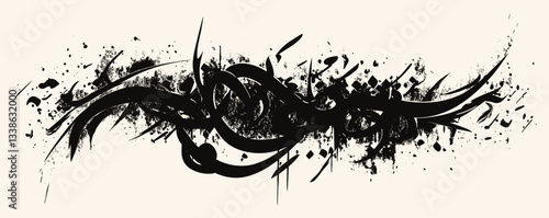 Abstract black ink calligraphy with dynamic splashes and curves on white background.