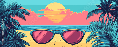 Tropical sunset beach scene with relaxing palm trees and vibrant sunglasses.