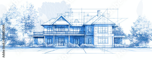 Architectural blueprint of modern victorian house with detailed exterior design.