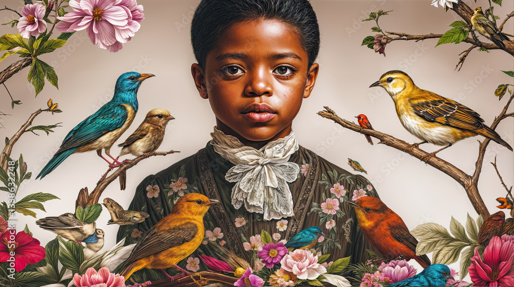 A young person, poised and thoughtful, stands amidst a vibrant floral backdrop. Birds flutter around, adding a touch of life to the scene.