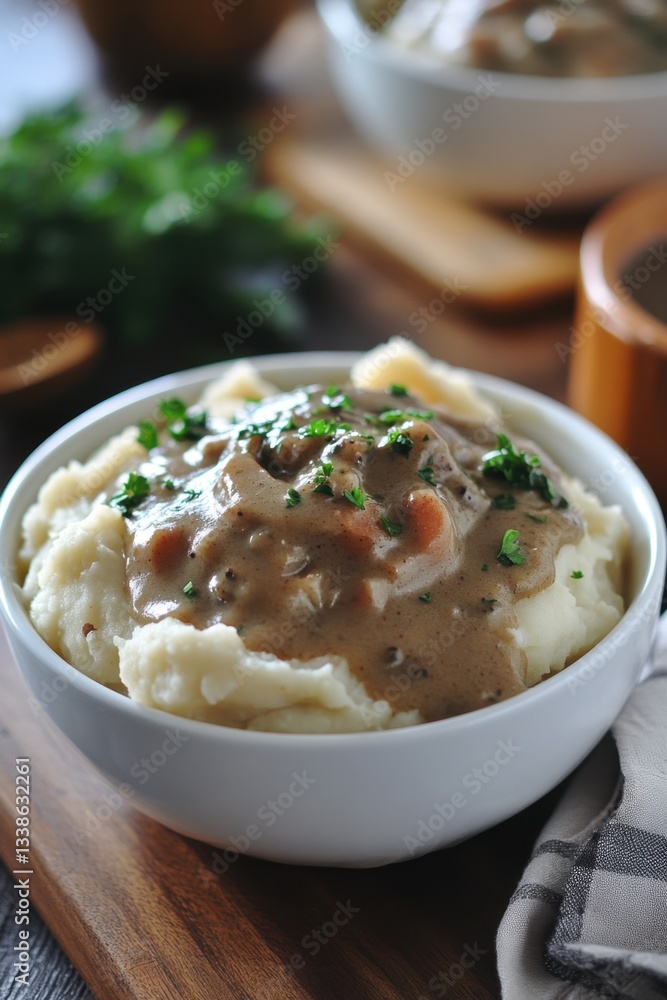 Creamy mashed potatoes with savory mushroom gravy and fresh parsley in a white bowl on a wooden board Creamy mashed potatoes with savory mushroom gravy and fresh parsley in a white bowl on a wooden board