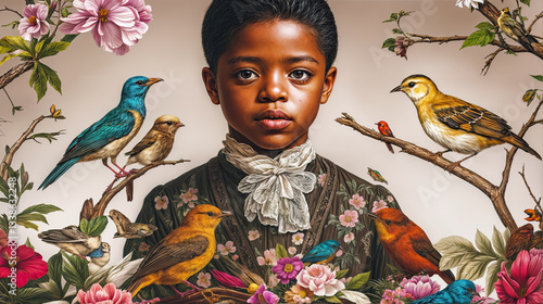 A young person, poised and thoughtful, stands amidst a vibrant floral backdrop.  Birds flutter around, adding a touch of life to the scene.