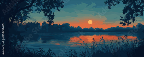 Tranquil sunset lake scene with reflected sun and silhouetted trees in serene landscape.