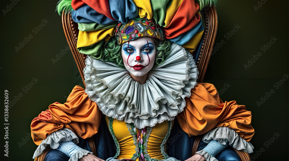 A regal clown, adorned in vibrant colors and intricate details, commands attention.