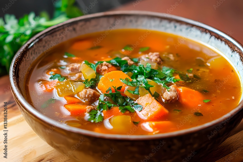 A vibrant bowl of vegetable soup filled with ground meat, carrots, and green herbs sits on a wooden table. Fresh ingredients create a warm, inviting dish perfect for any meal A vibrant bowl of vegetable soup filled with ground meat, carrots, and green herbs sits on a wooden table. Fresh ingredients create a warm, inviting dish perfect for any meal