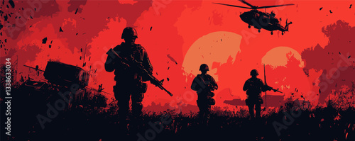 Silhouetted soldiers at sunset with helicopter and tank in red sky scene.