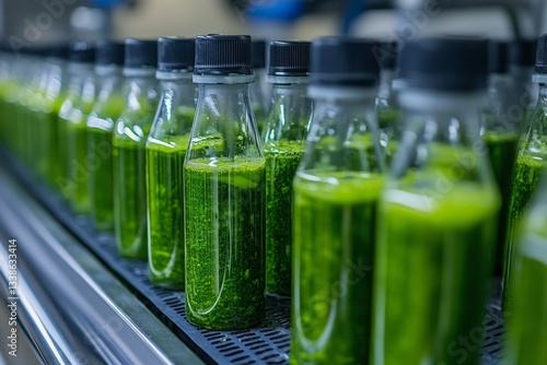 Bright green algae samples stored in laboratory vials for scientific research on environmental sustainability photo