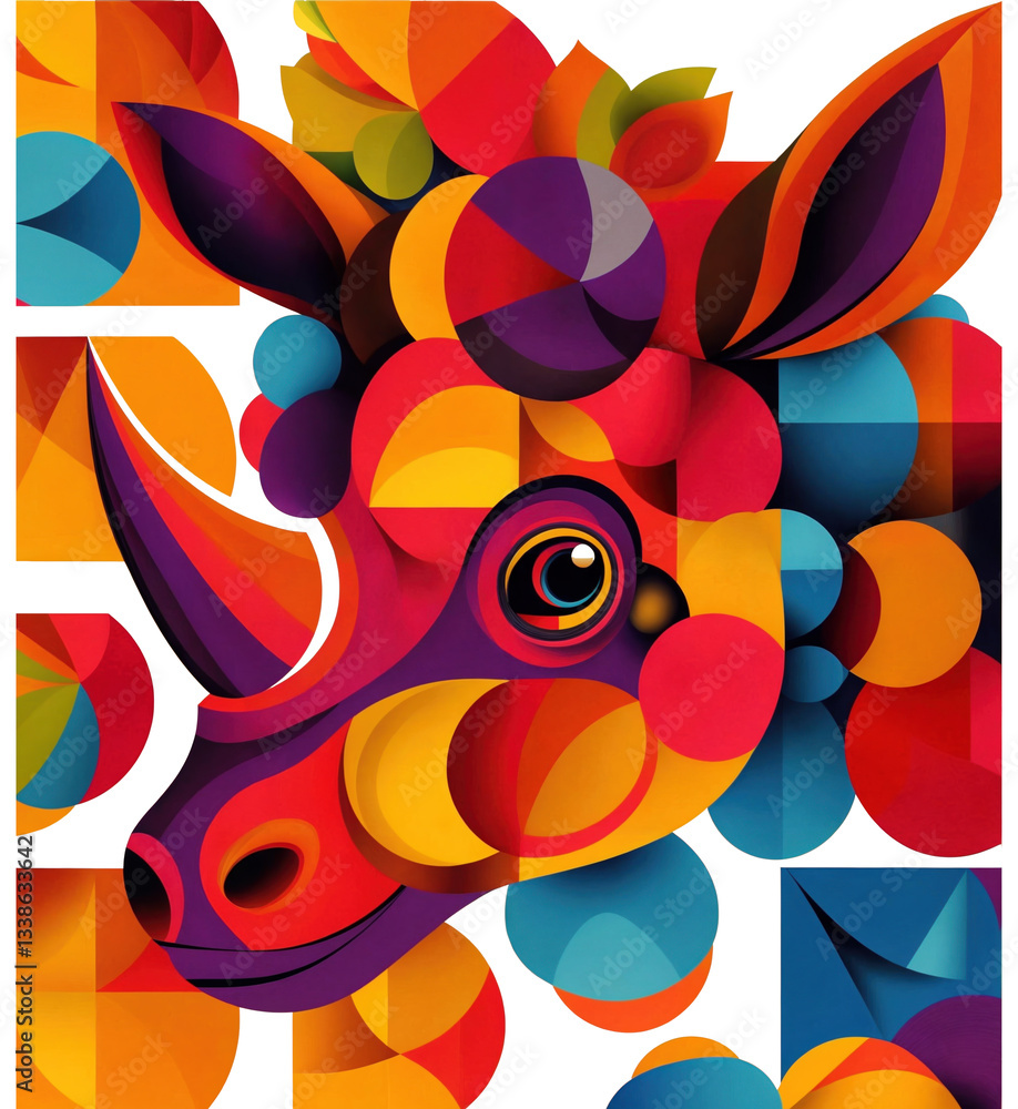 a colorful, abstract representation of a rhinoceros's head, created using geometric shapes and vibrant colors. The design features a combination of circles, triangles, and other shapes