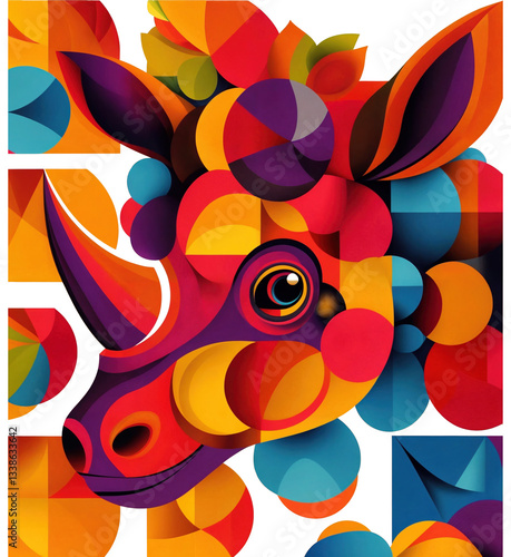 a colorful, abstract representation of a rhinoceros's head, created using geometric shapes and vibrant colors. The design features a combination of circles, triangles, and other shapes