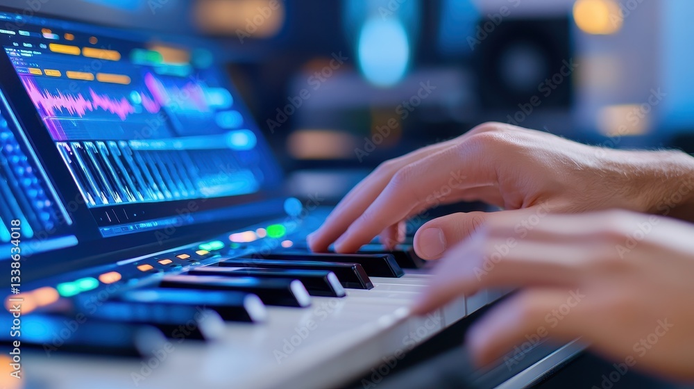 Keyboard Musician Crafting Sound Mix In Studio. Keyboard Musician Crafting Sound Mix In Studio.