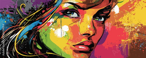 Vivid portrait of a woman in colorful abstract art with intense expression.