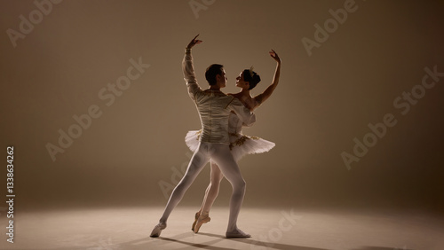 Partners perform in graceful unison, ballerina's tutu lifts with movement, soft light tracing refined lines, dance frozen in perfection. Concept of expression, poise, harmony, classical beauty.
