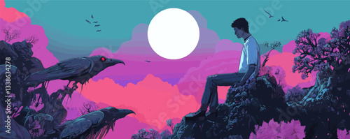 Contemplative young man observing surreal landscape with crows at sunset.