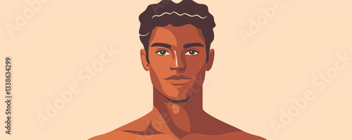 Illustrated portrait of a young man with curly hair and confident expression.