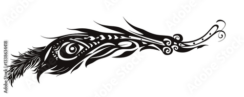 Intricate black tribal feather design with abstract elements.