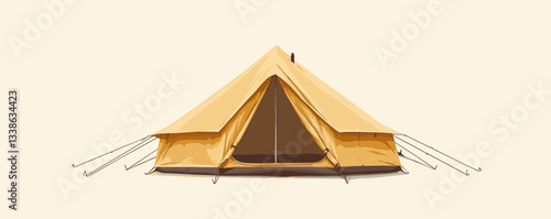Yellow canvas tent with open flap and guide ropes for camping adventure.