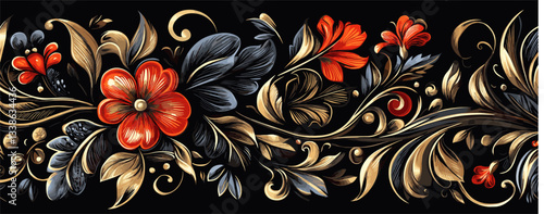 Ornate floral design: red and gold flowers on black background with elegant swirls.
