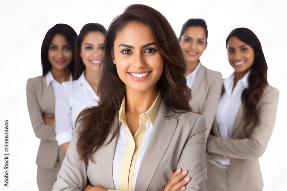 Group of smiling Indian businesswomen in business suits on a white background. Corporate recruitment. Wealthy women. Business leaders. Startup bosses. Indian. Collaborative Corporate Environment Group of smiling Indian businesswomen in business suits on a white background. Corporate recruitment. Wealthy women. Business leaders. Startup bosses. Indian. Collaborative Corporate Environment