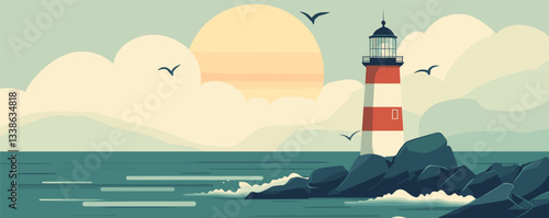 Serene coastal lighthouse at sunset with seagulls soaring in the sky.