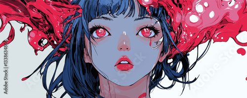 Surreal portrait of blue-skinned female with red hair and eyes in emotional expression.