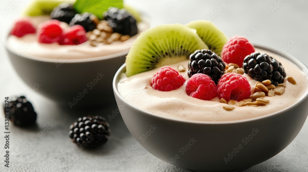 A sumptuous bowl of creamy yogurt topped with vibrant fresh raspberries, blackberries, and kiwi slices, perfect for a healthy breakfast or snack option. A sumptuous bowl of creamy yogurt topped with vibrant fresh raspberries, blackberries, and kiwi slices, perfect for a healthy breakfast or snack option.