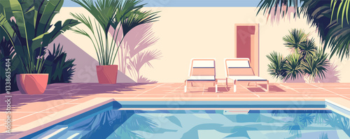 Serene poolside scene with lounge chairs and tropical plants in sunlit patio.