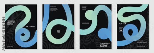 Abstract line wave poster background vector set. Minimalist cover template with vibrant perspective line wave in motion. Ideal design for social media, cover, banner, flyer, music, ads.